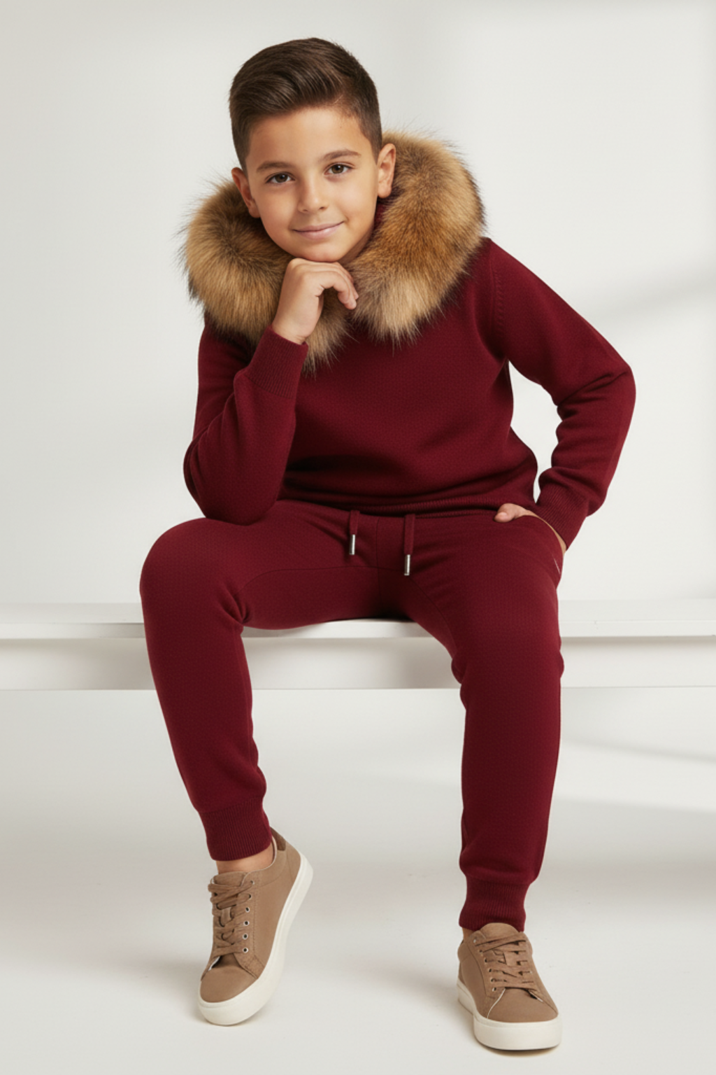 Pre Order -Knitted Hoodie Jogger Set - Burgundy / Natural