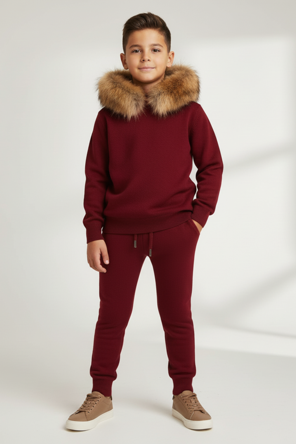Pre Order -Knitted Hoodie Jogger Set - Burgundy / Natural