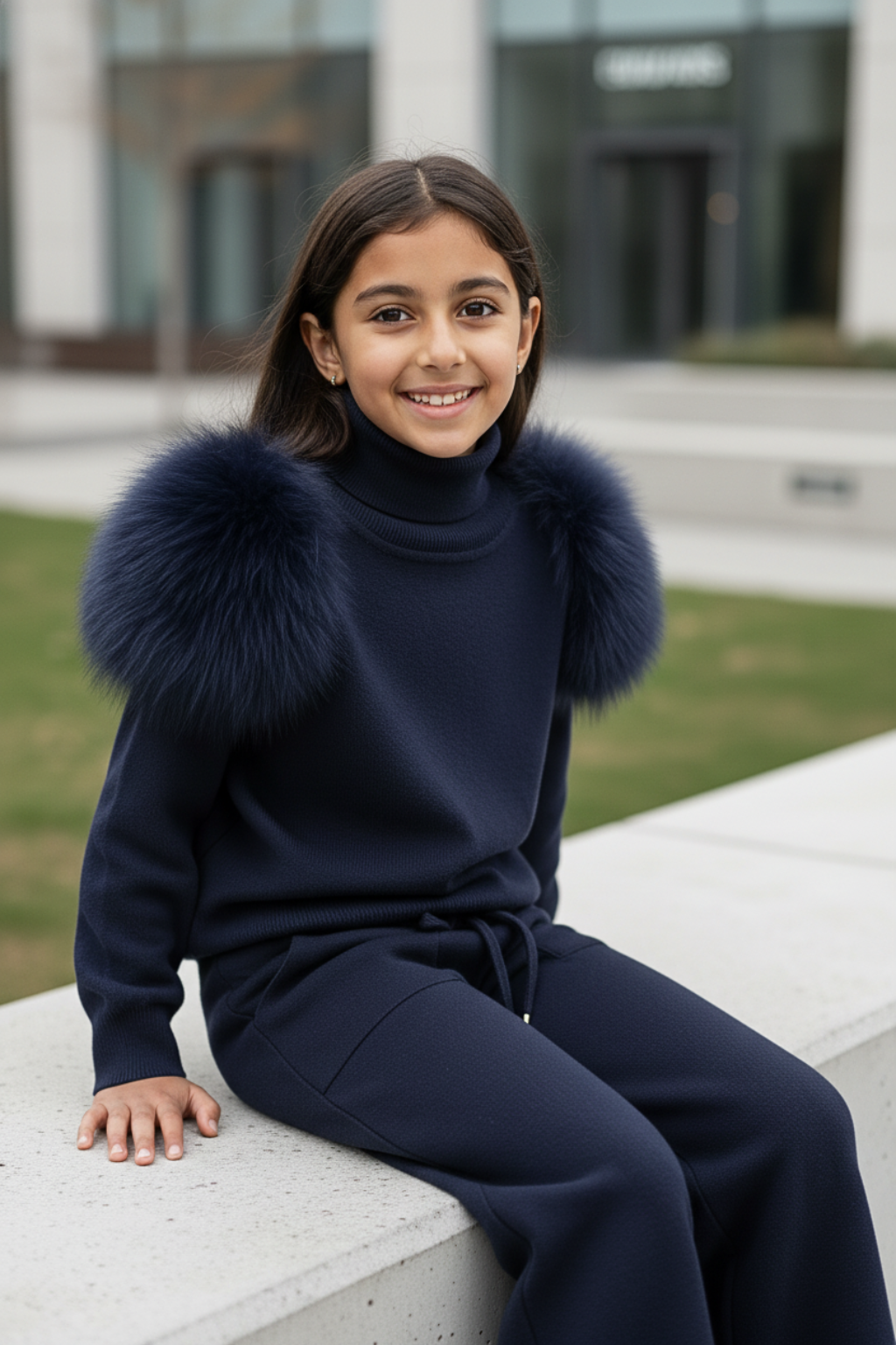 Knitted wide leg Co-Ord with Fur Shoulder - Navy