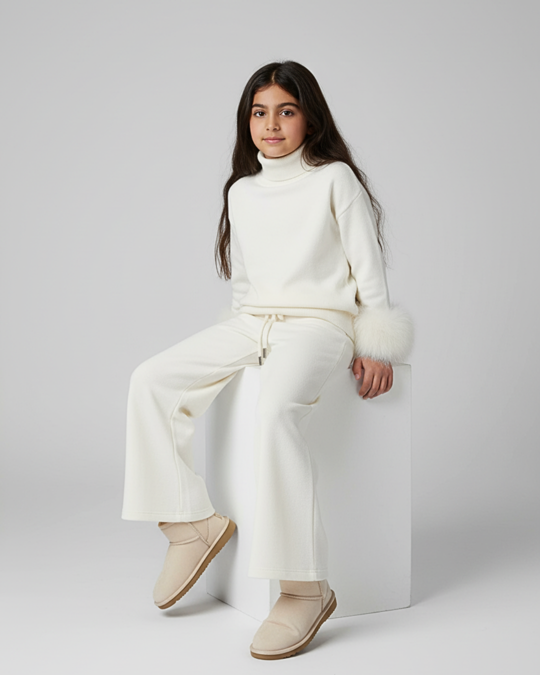 Knitted sweater set with fur cuffs - IVORY