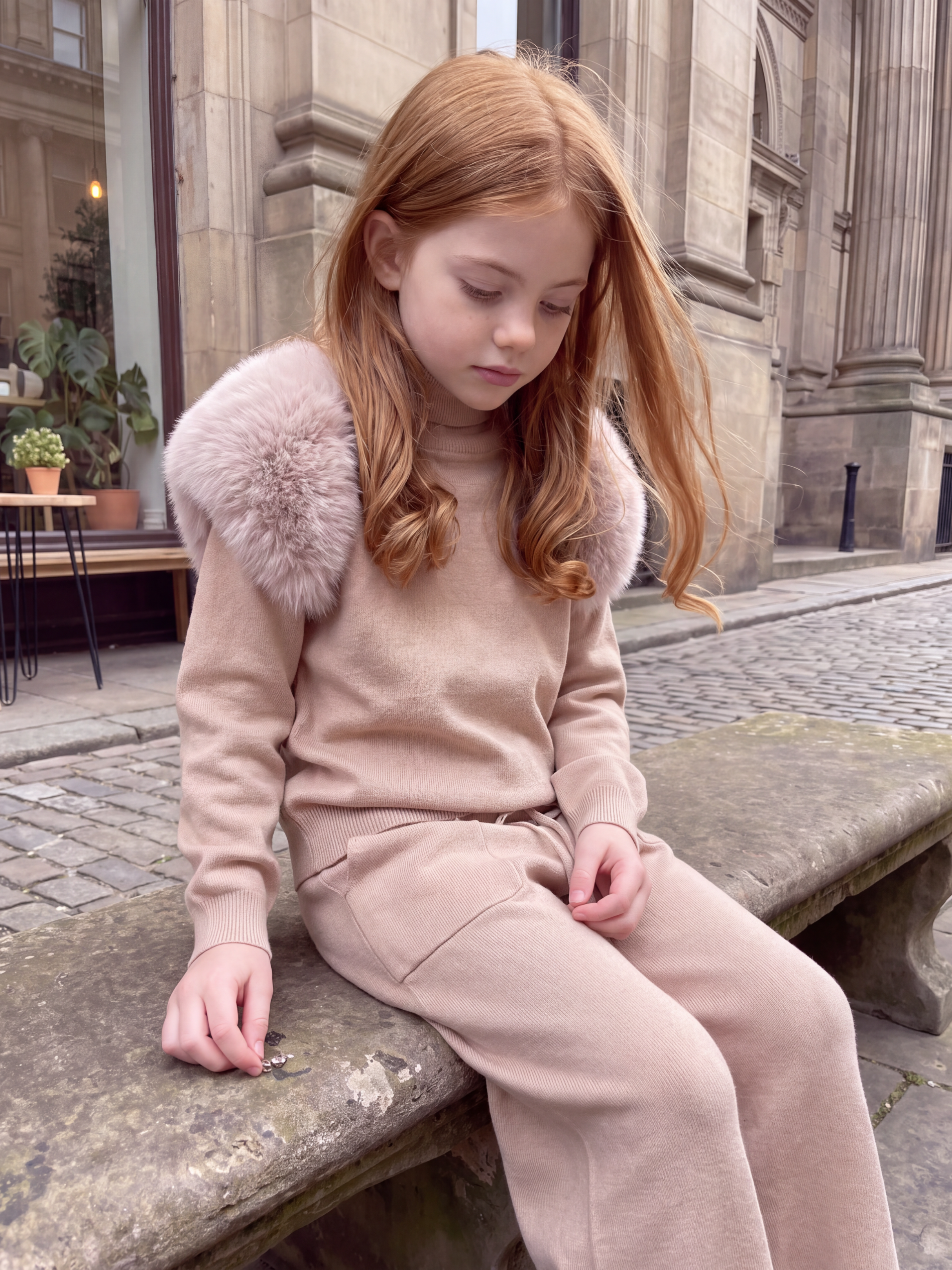 Knitted fur shoulder set - Wide leg - CAPPUCCINO