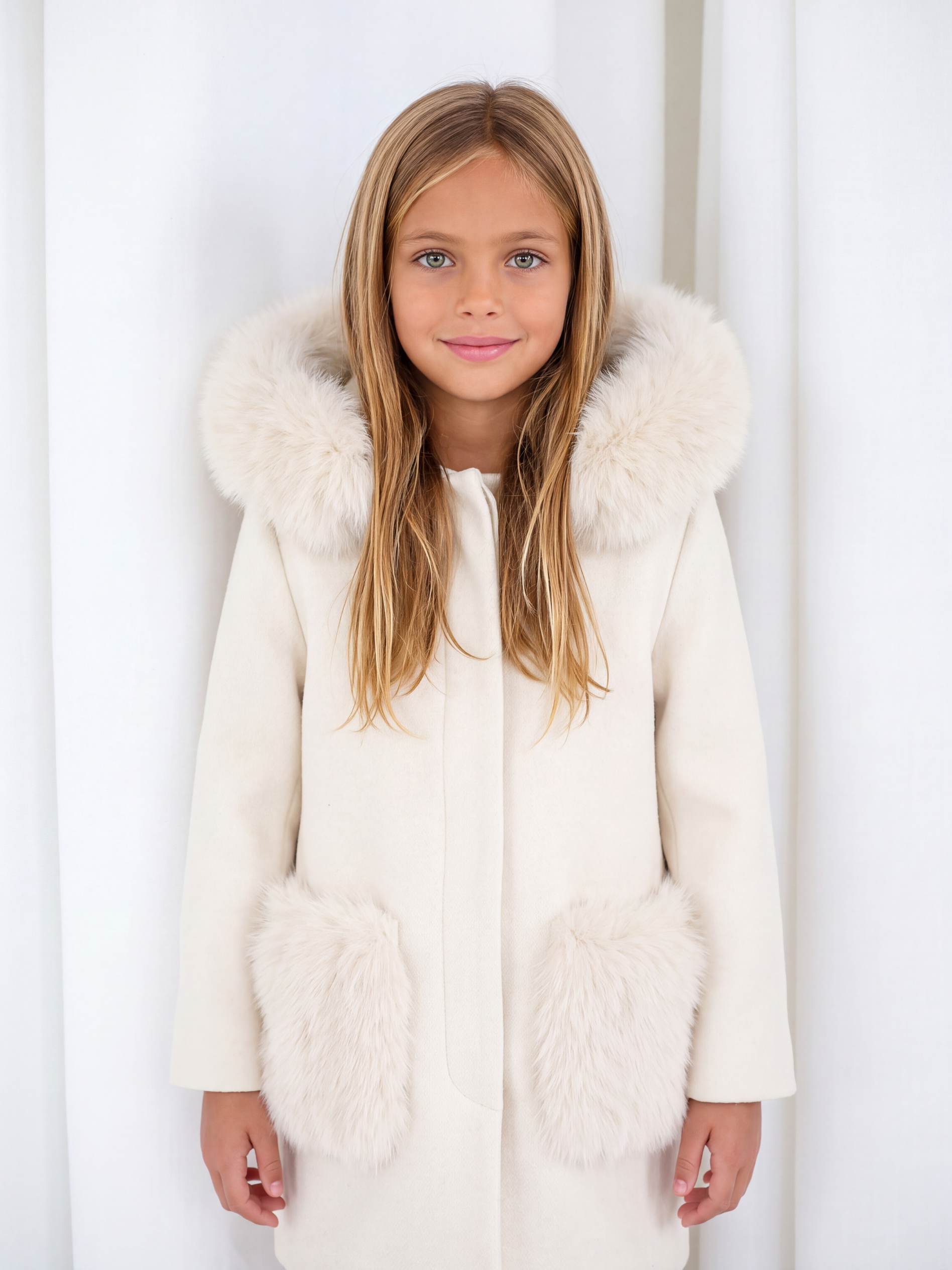 'Thea' hooded cashmere coat with fur pocket - IVORY