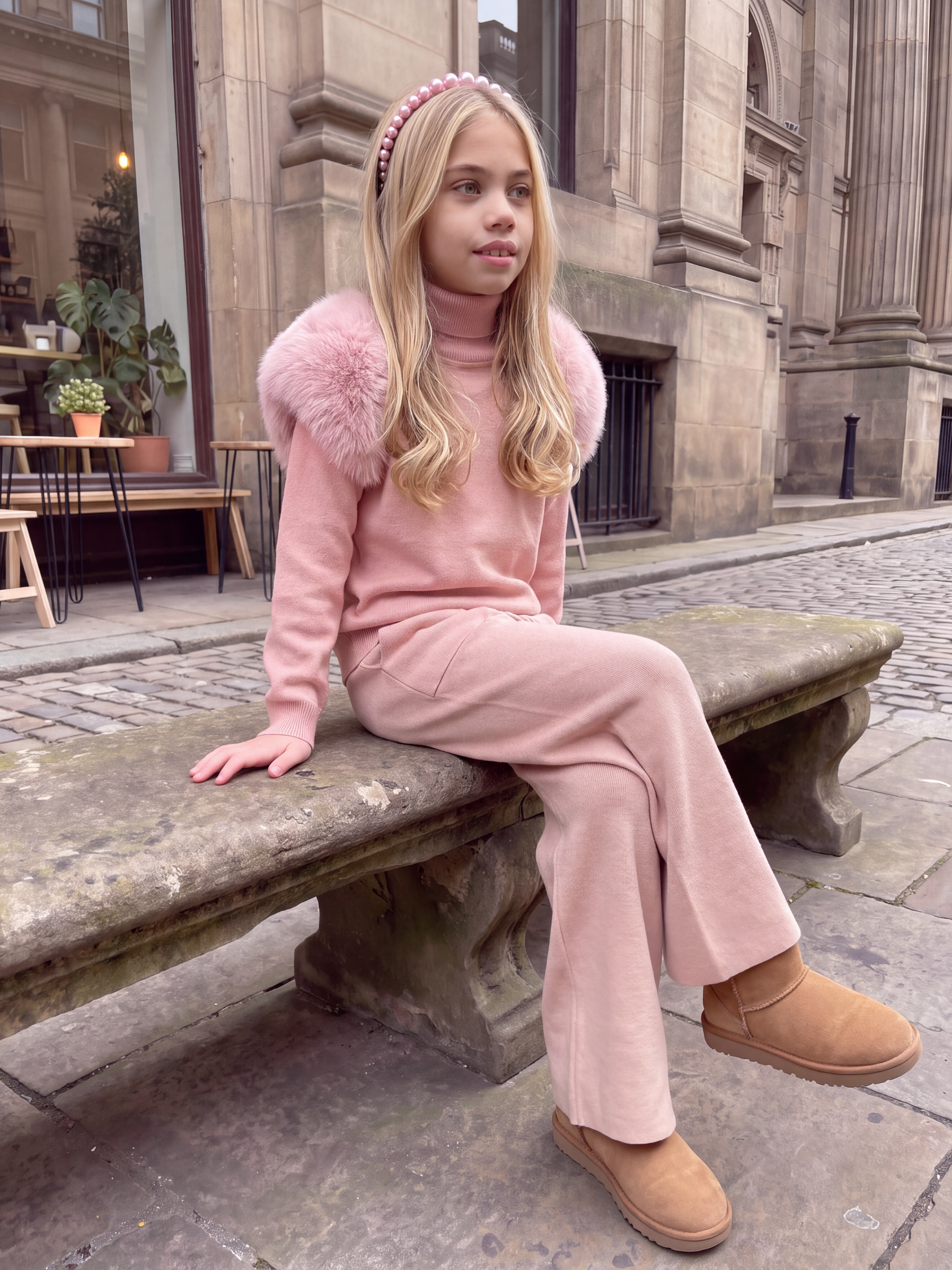 Knitted fur shoulder set Wide leg -PINK