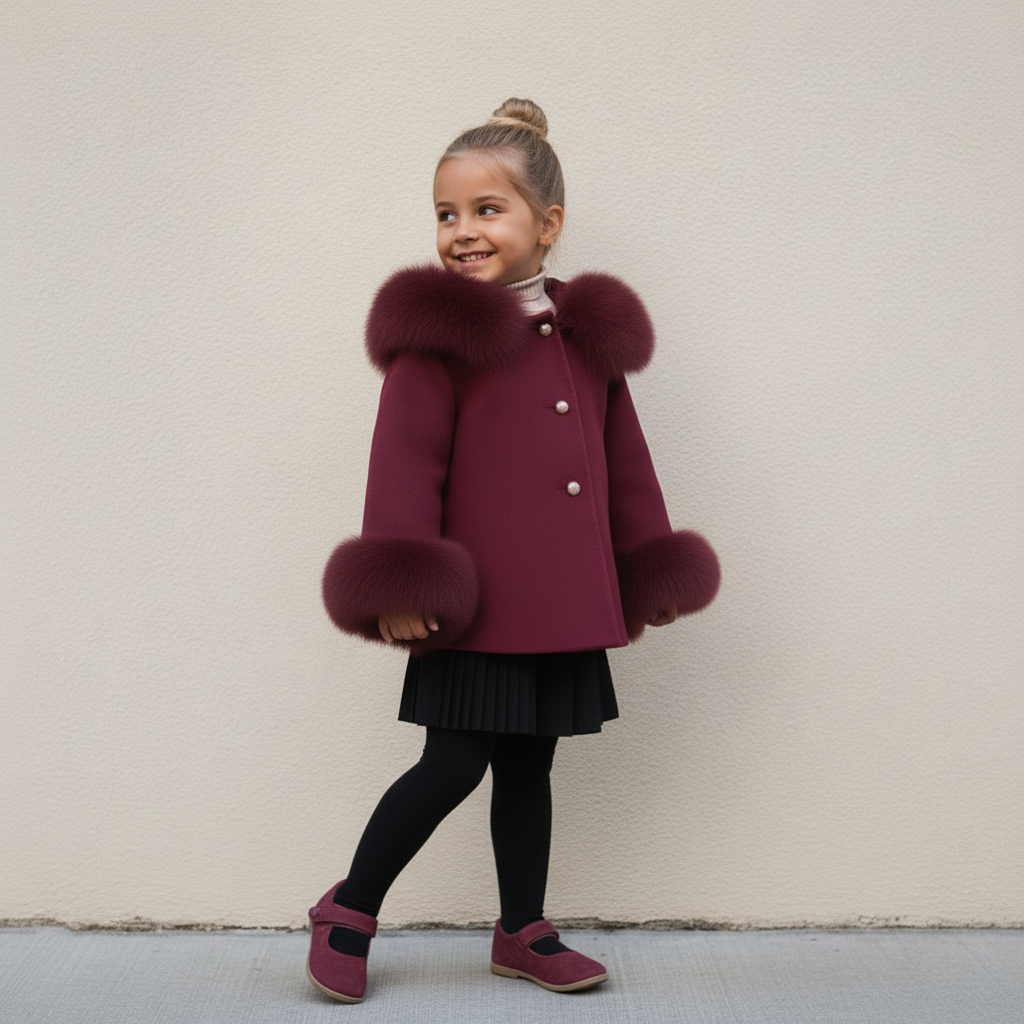 'Maya' Hooded Cashmere Coat with fur - Burgundy