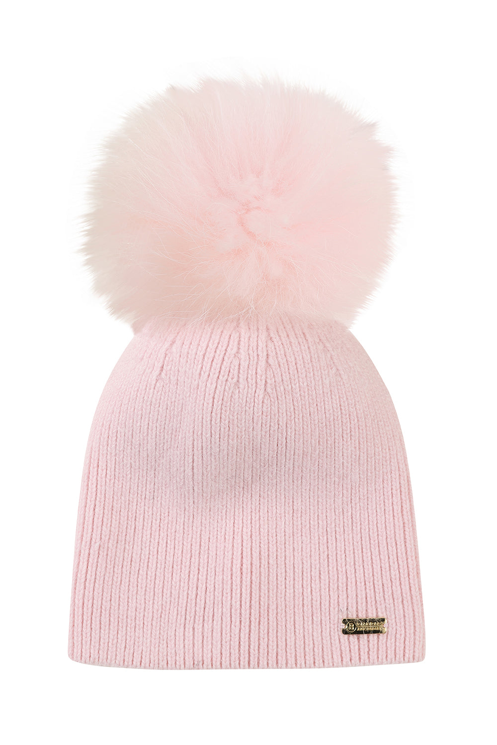 Ribbed knit angora single pompom hat - Pink