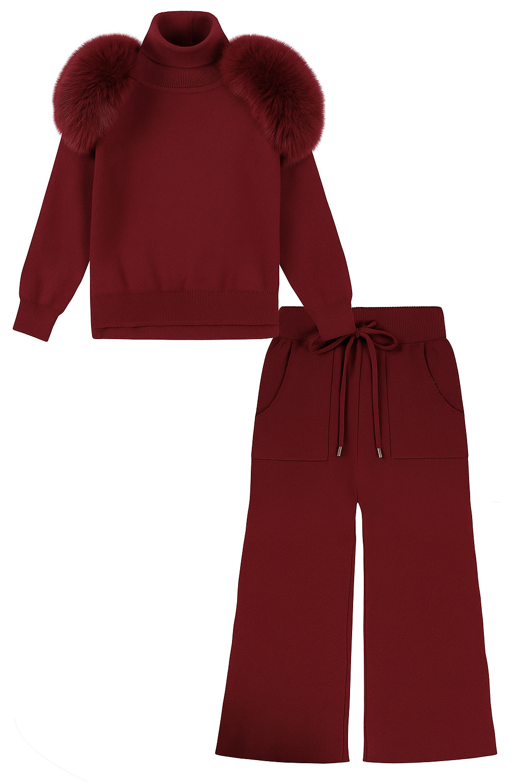 Pre Order - Knitted wide leg Co-Ord with Fur Shoulder - Burgandy