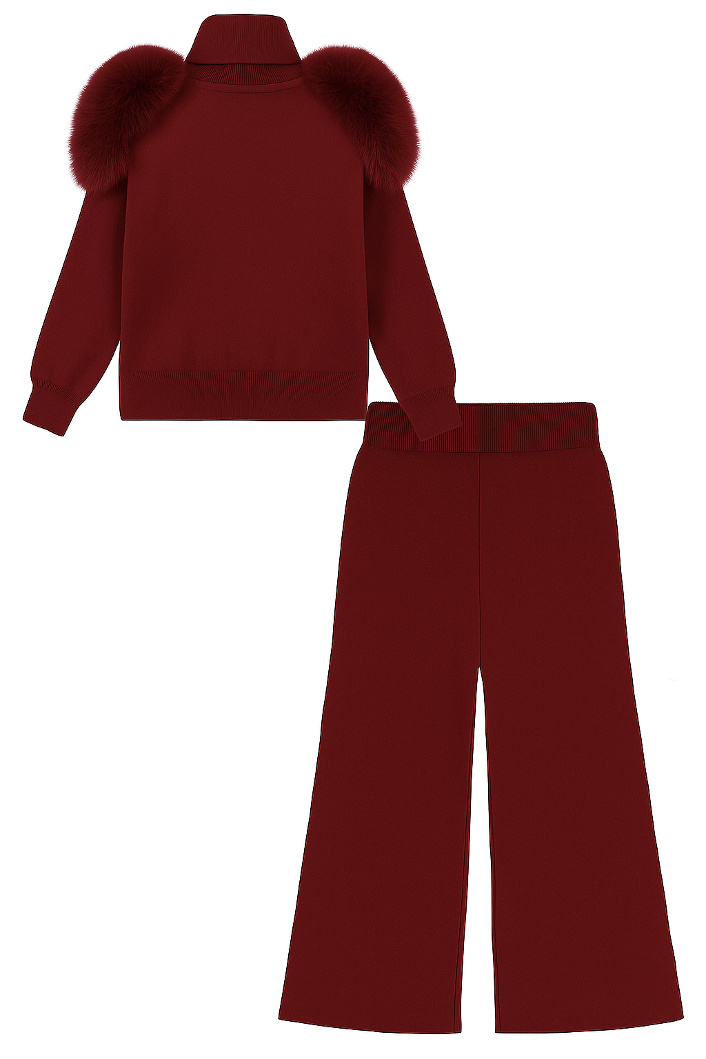 Pre Order - Knitted wide leg Co-Ord with Fur Shoulder - Burgandy