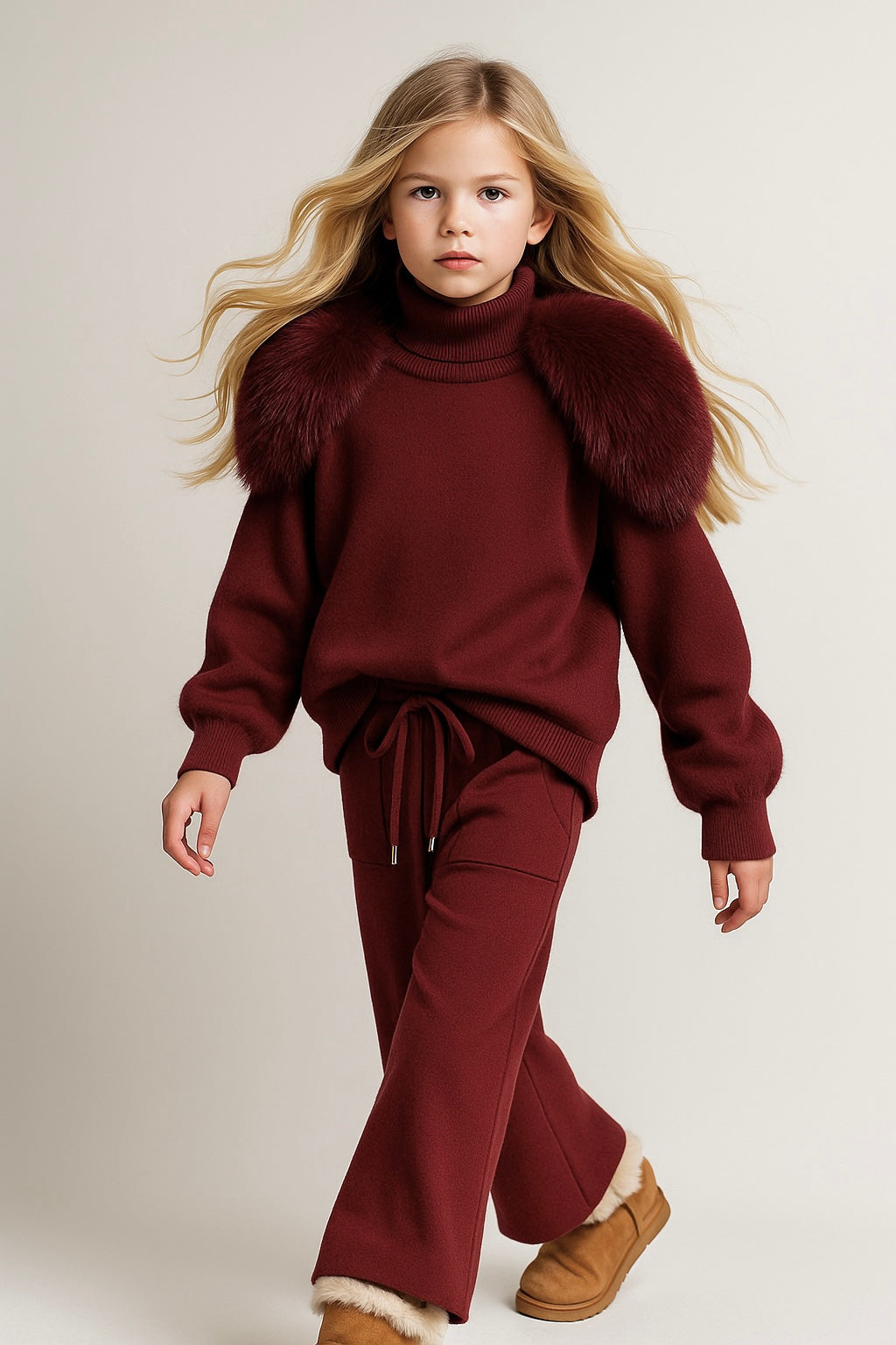 Pre Order - Knitted wide leg Co-Ord with Fur Shoulder - Burgandy