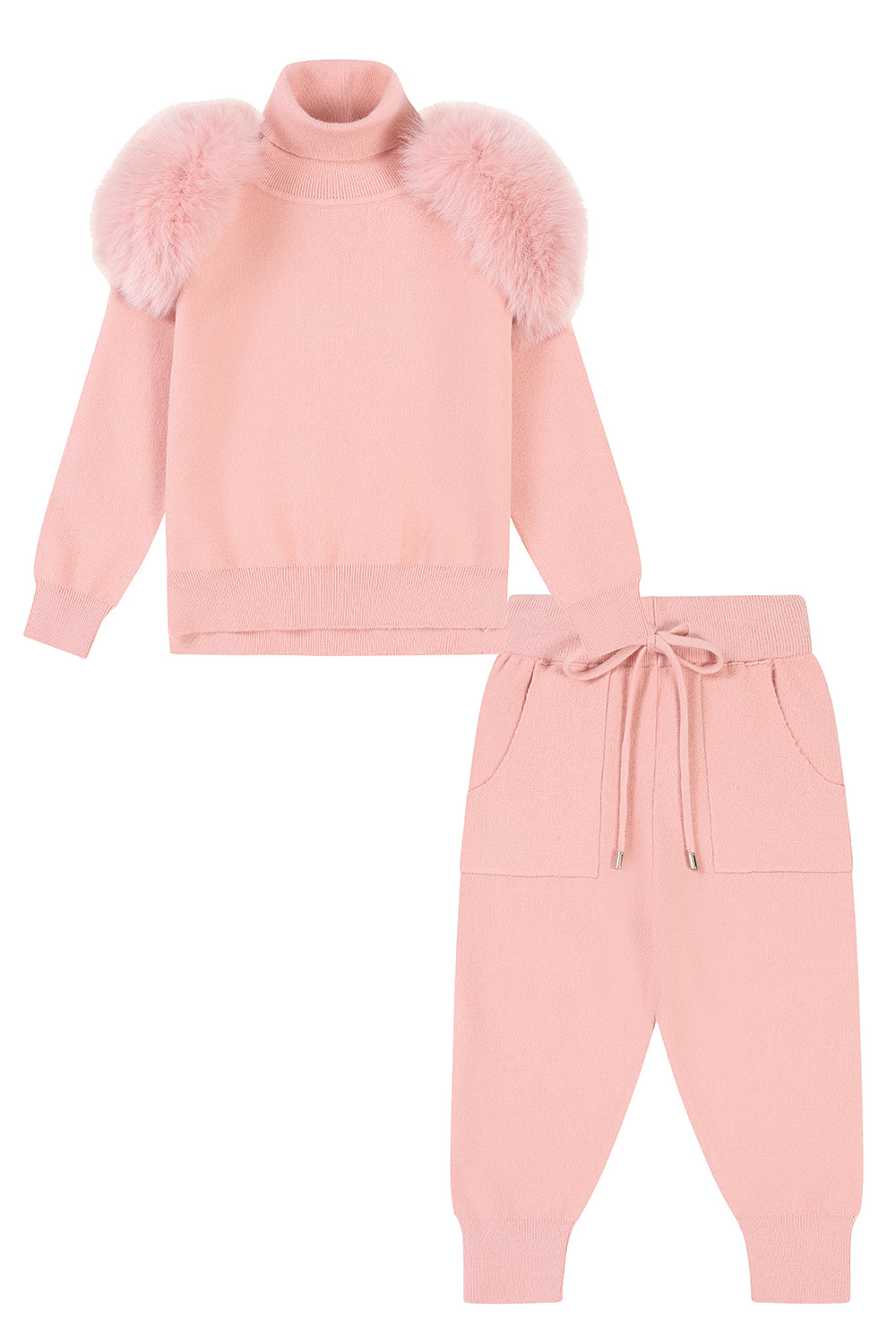 Knitted sweater set with fur shoulder - PINK