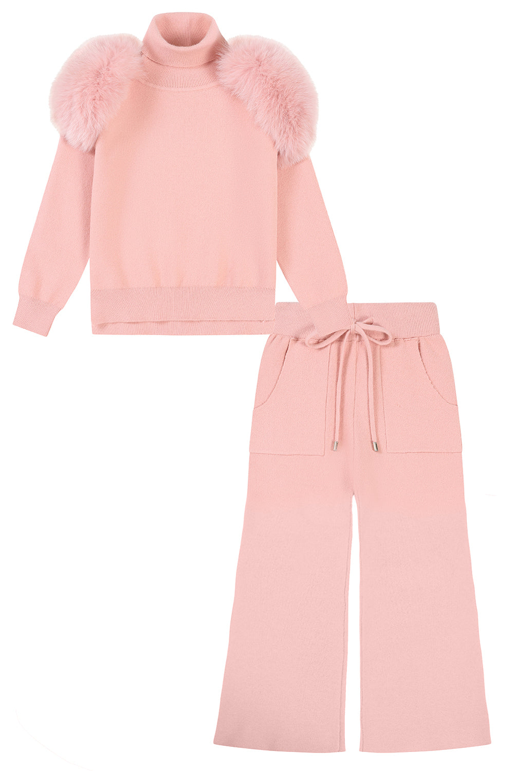 Knitted fur shoulder set Wide leg -PINK