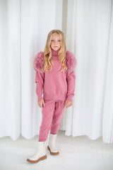 Knitted sweater set with fur shoulder - RASBERRY