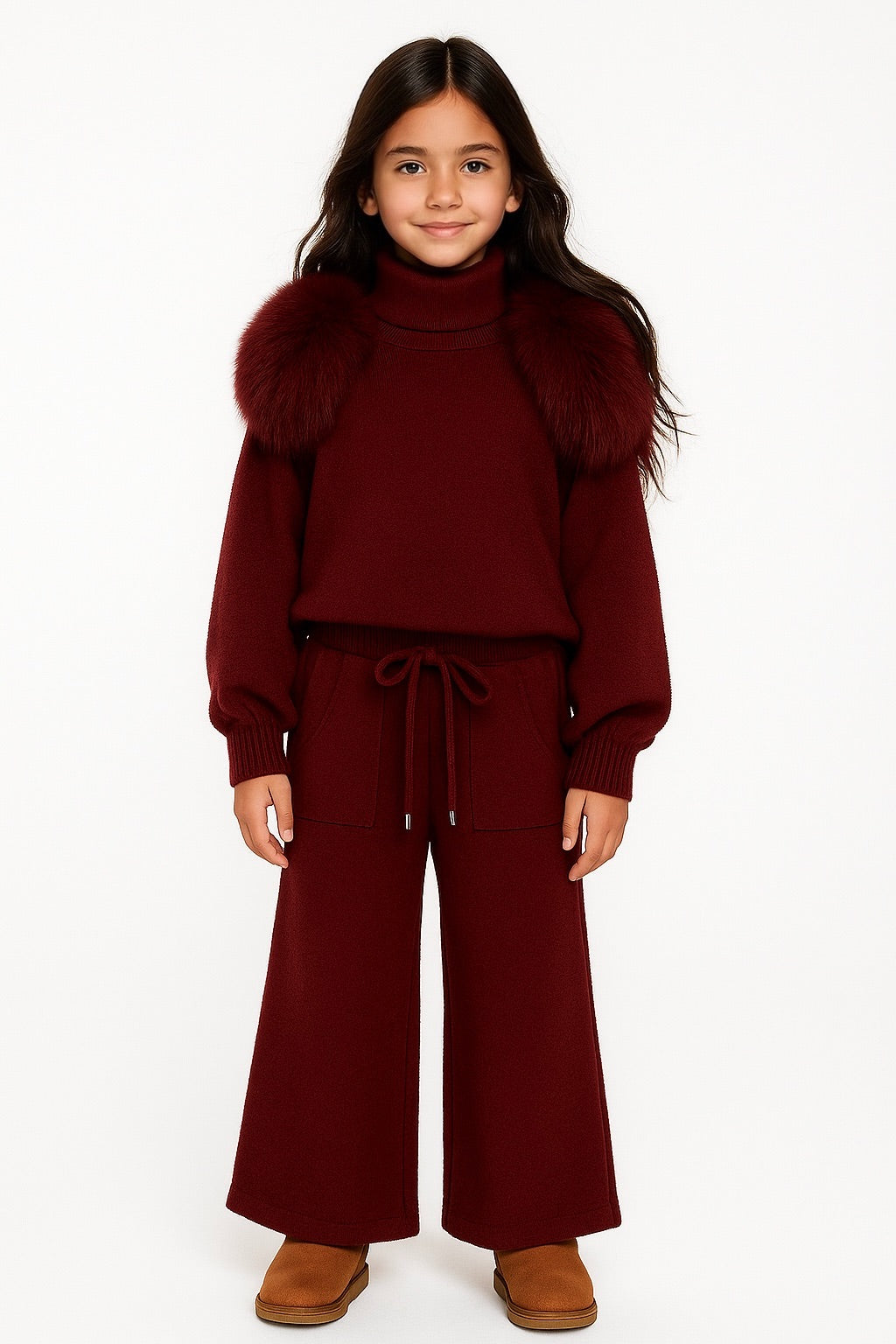 Pre Order - Knitted wide leg Co-Ord with Fur Shoulder - Burgandy