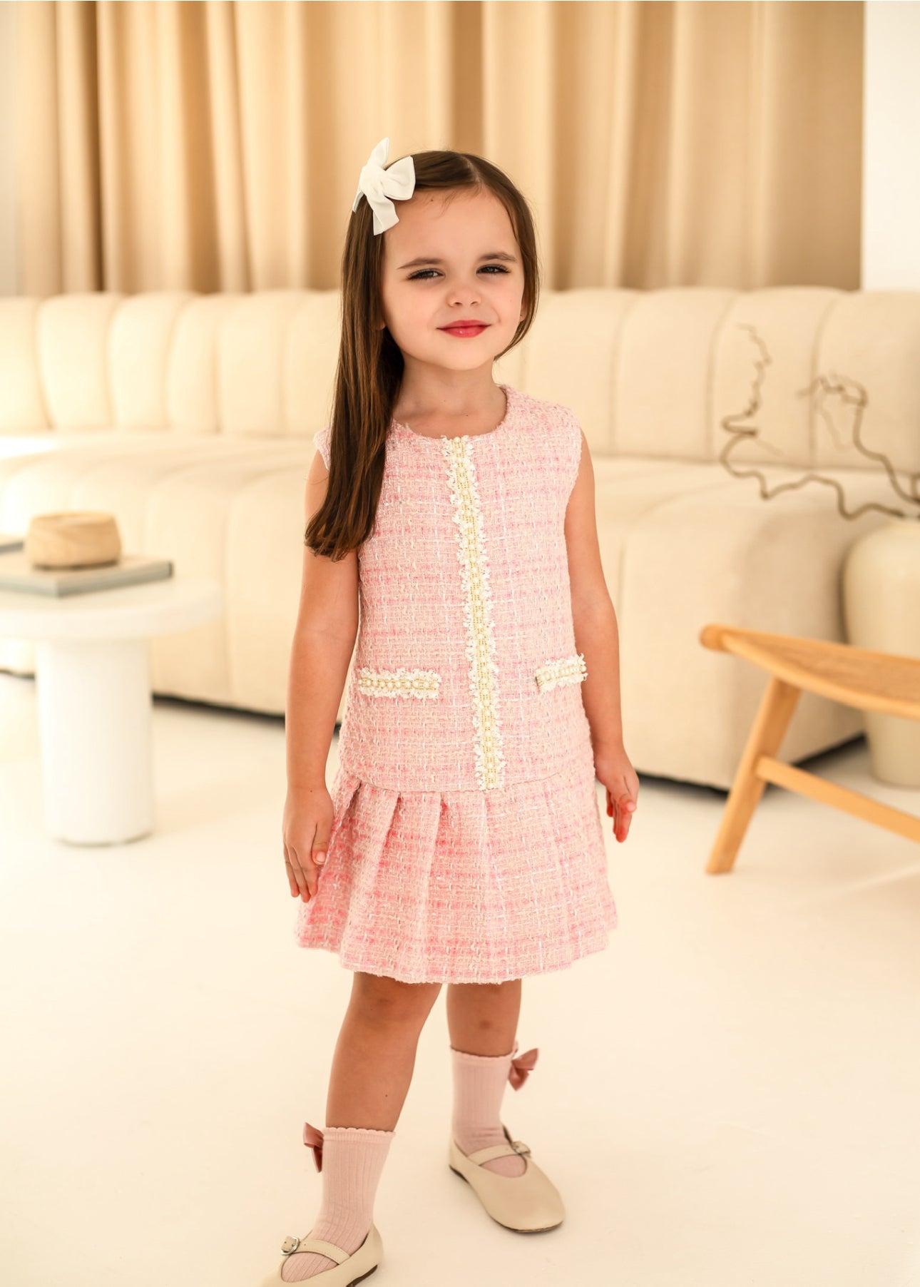 'Penelope' pink sleeveless tweed dress - Pre order 31.03.25