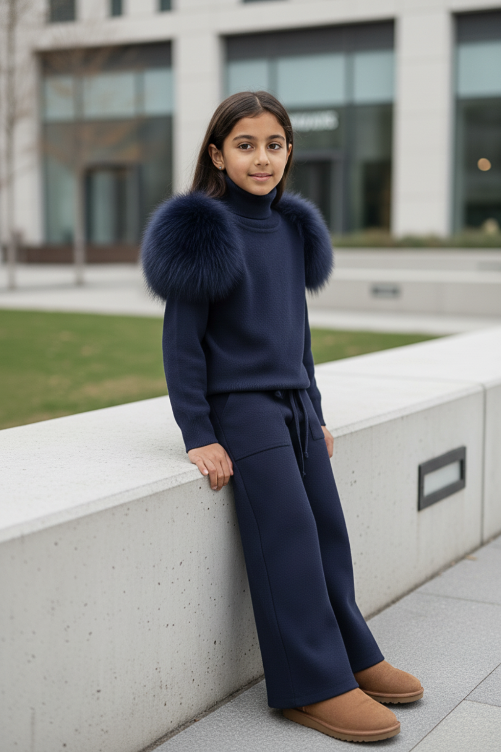 Knitted wide leg Co-Ord with Fur Shoulder - Navy