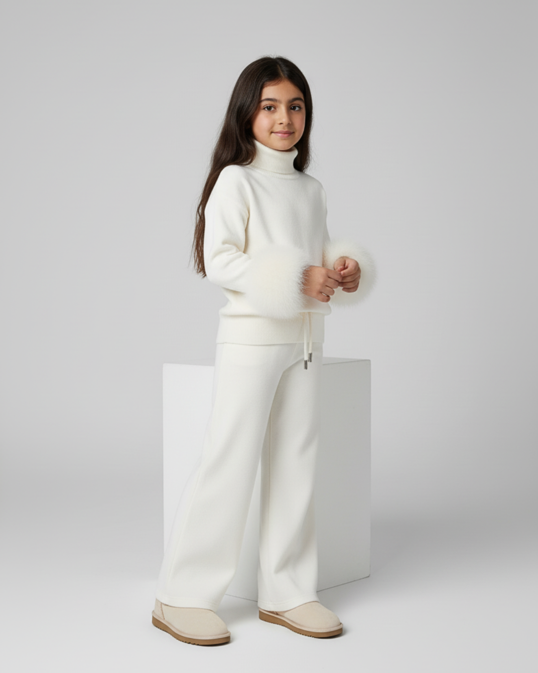 Knitted sweater set with fur cuffs - IVORY