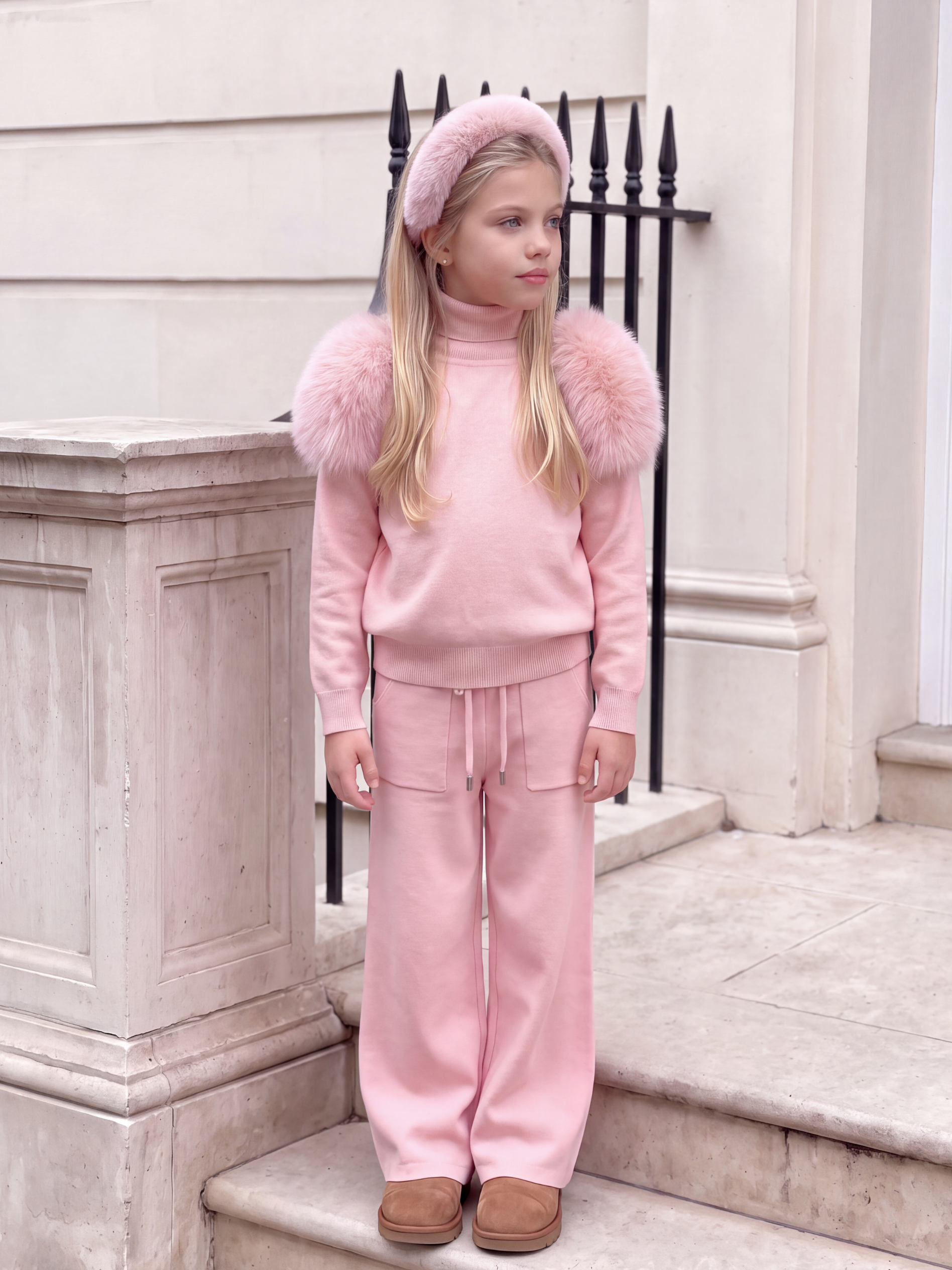 Knitted fur shoulder set Wide leg -PINK