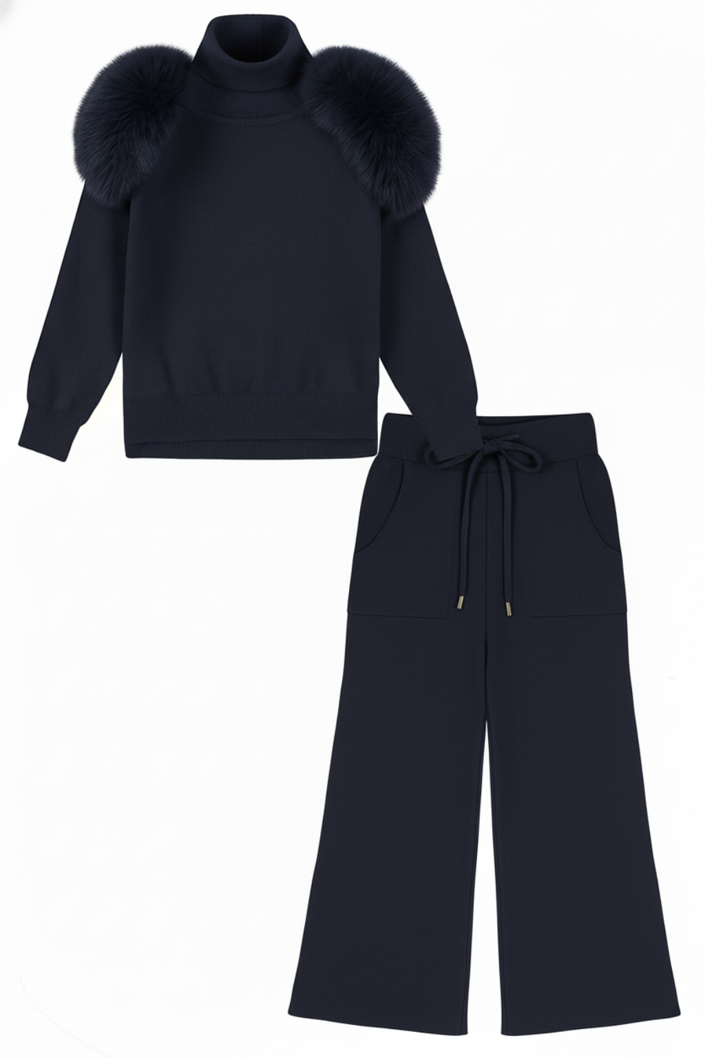 Knitted wide leg Co-Ord with Fur Shoulder - Navy