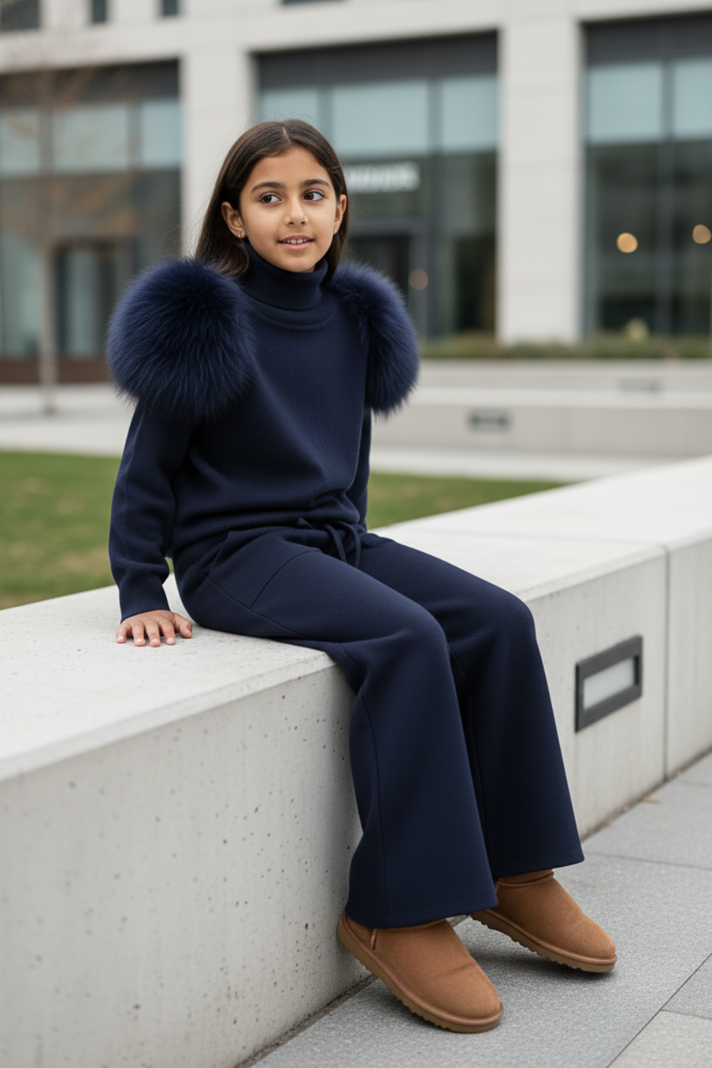 Knitted wide leg Co-Ord with Fur Shoulder - Navy
