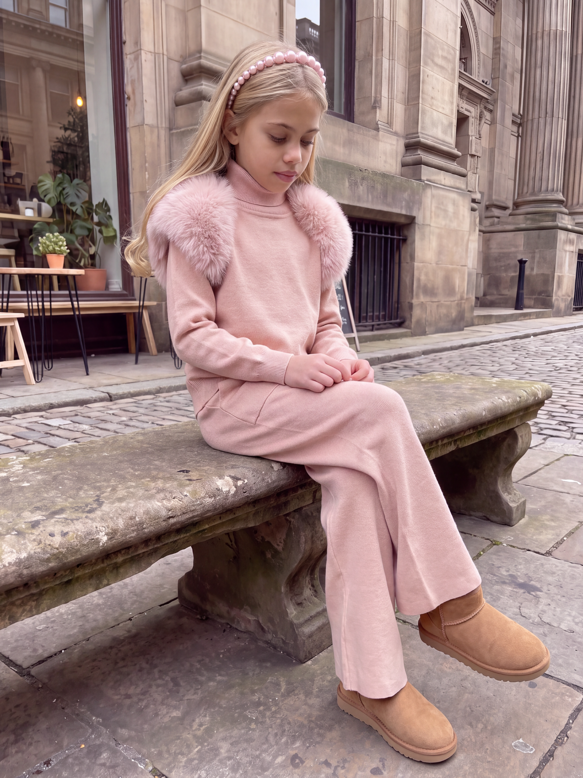 Knitted fur shoulder set Wide leg -PINK