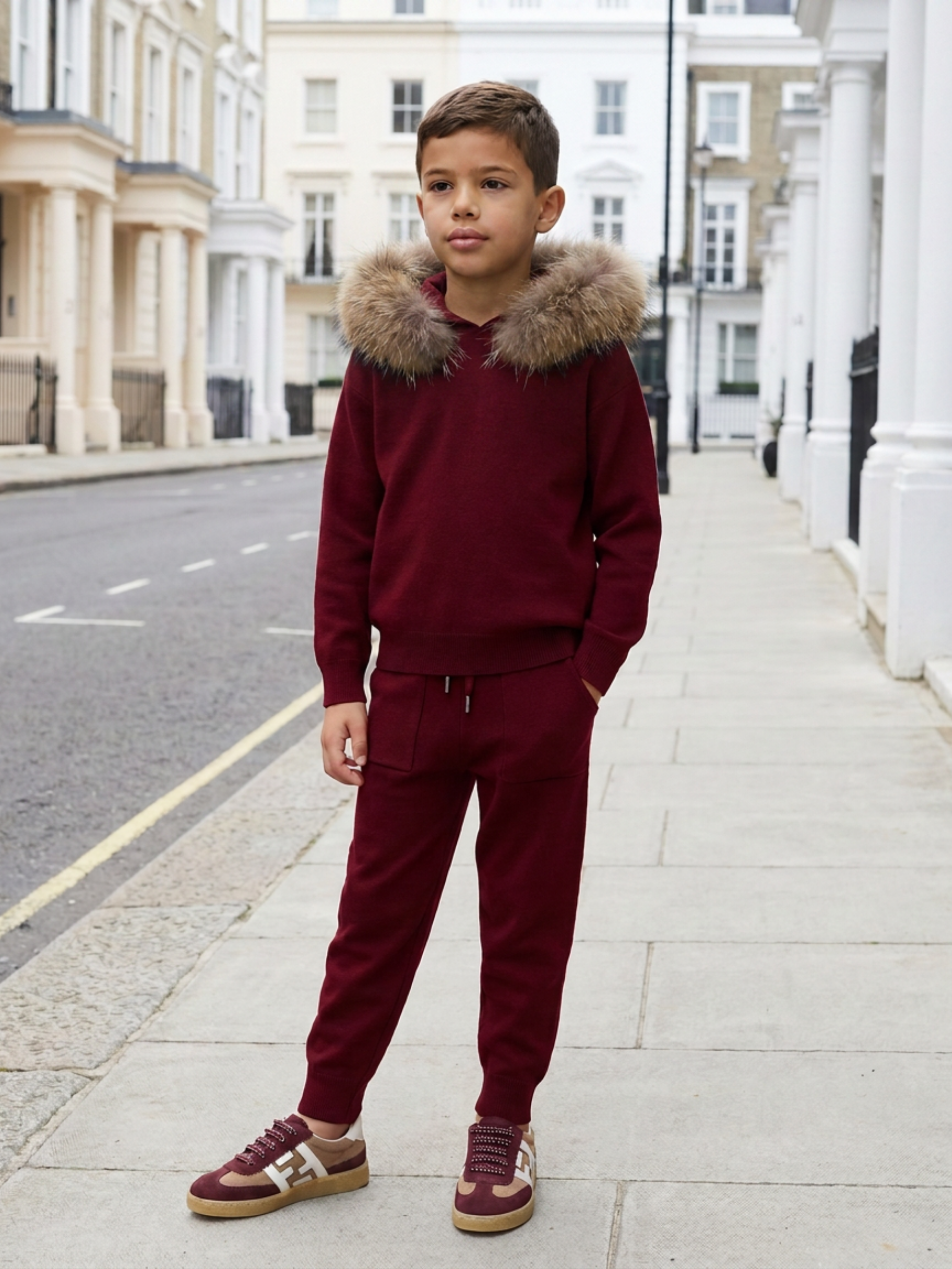 Knitted Hoodie Jogger Set - Burgundy Natural Hood