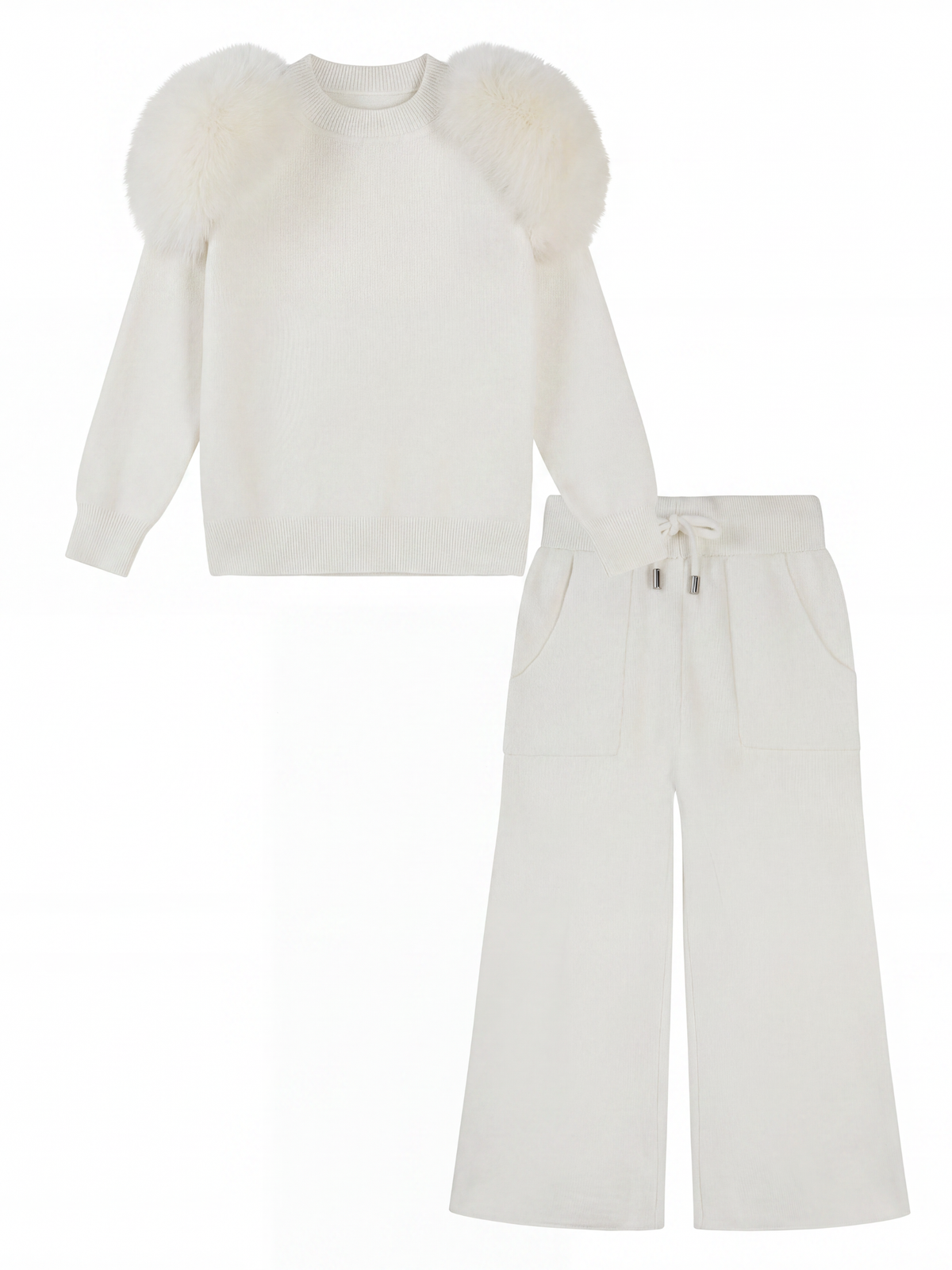 Fur Shoulder Crew Neck Knit Set – Ivory
