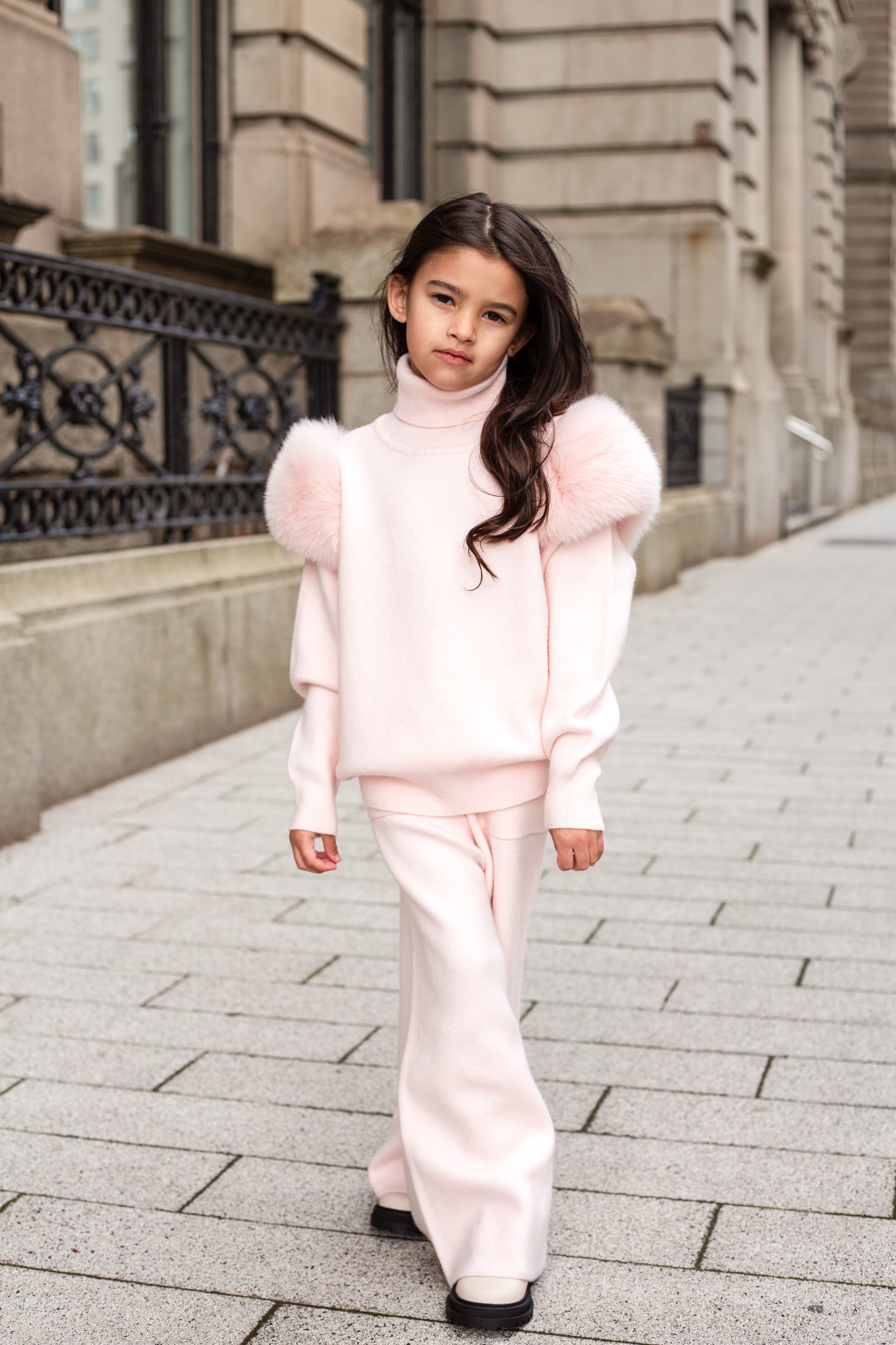 Knitted fur shoulder set - Wide leg - PINK