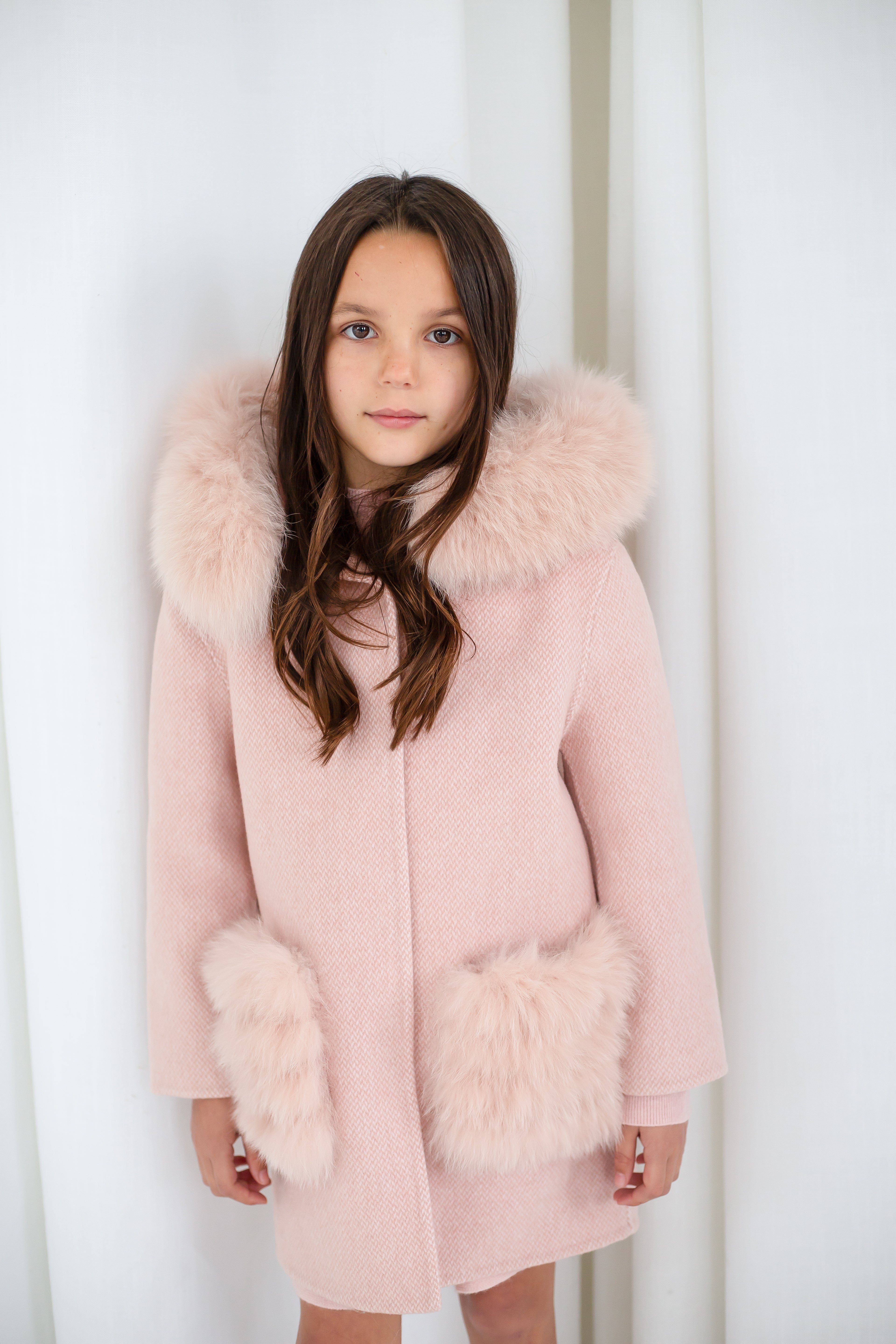 'Thea' hooded cashmere coat with fur pocket - Blush