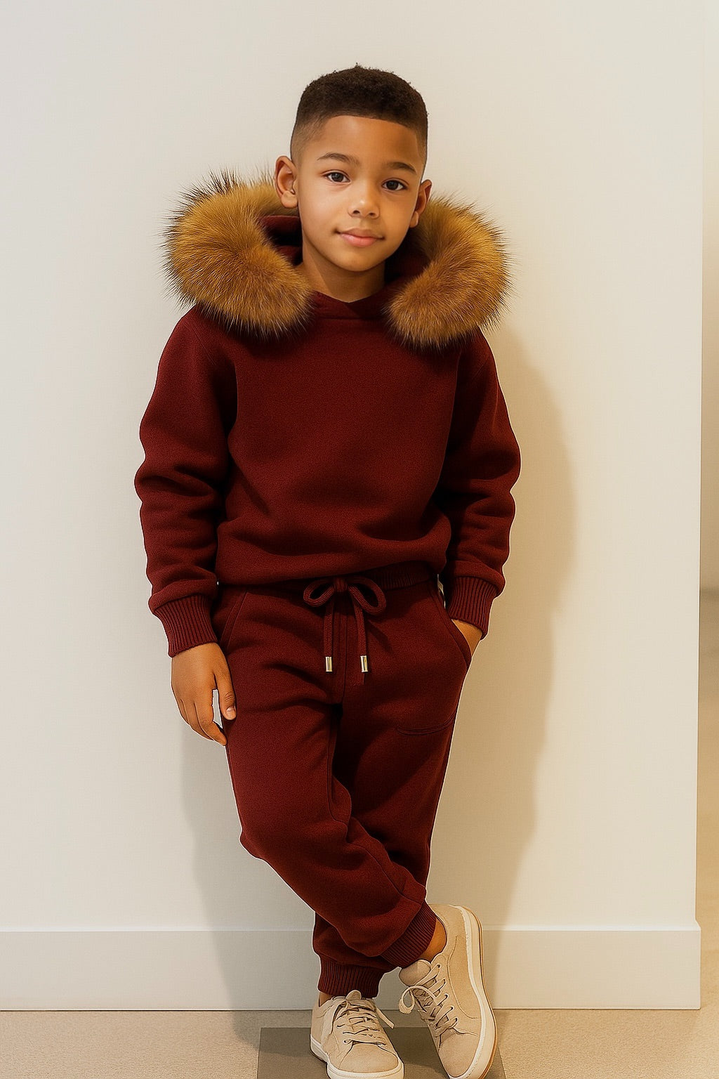 Pre Order -Knitted Hoodie Jogger Set - Burgandy / Natural