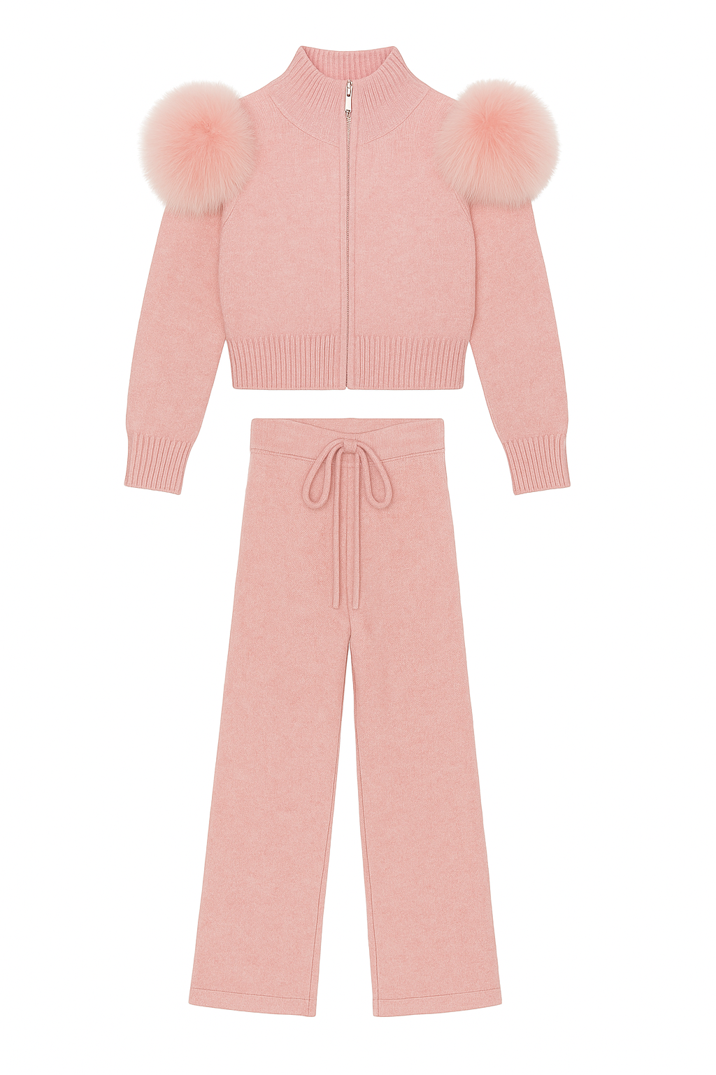 Fur Shoulder Zip Up Knit Set - Pink