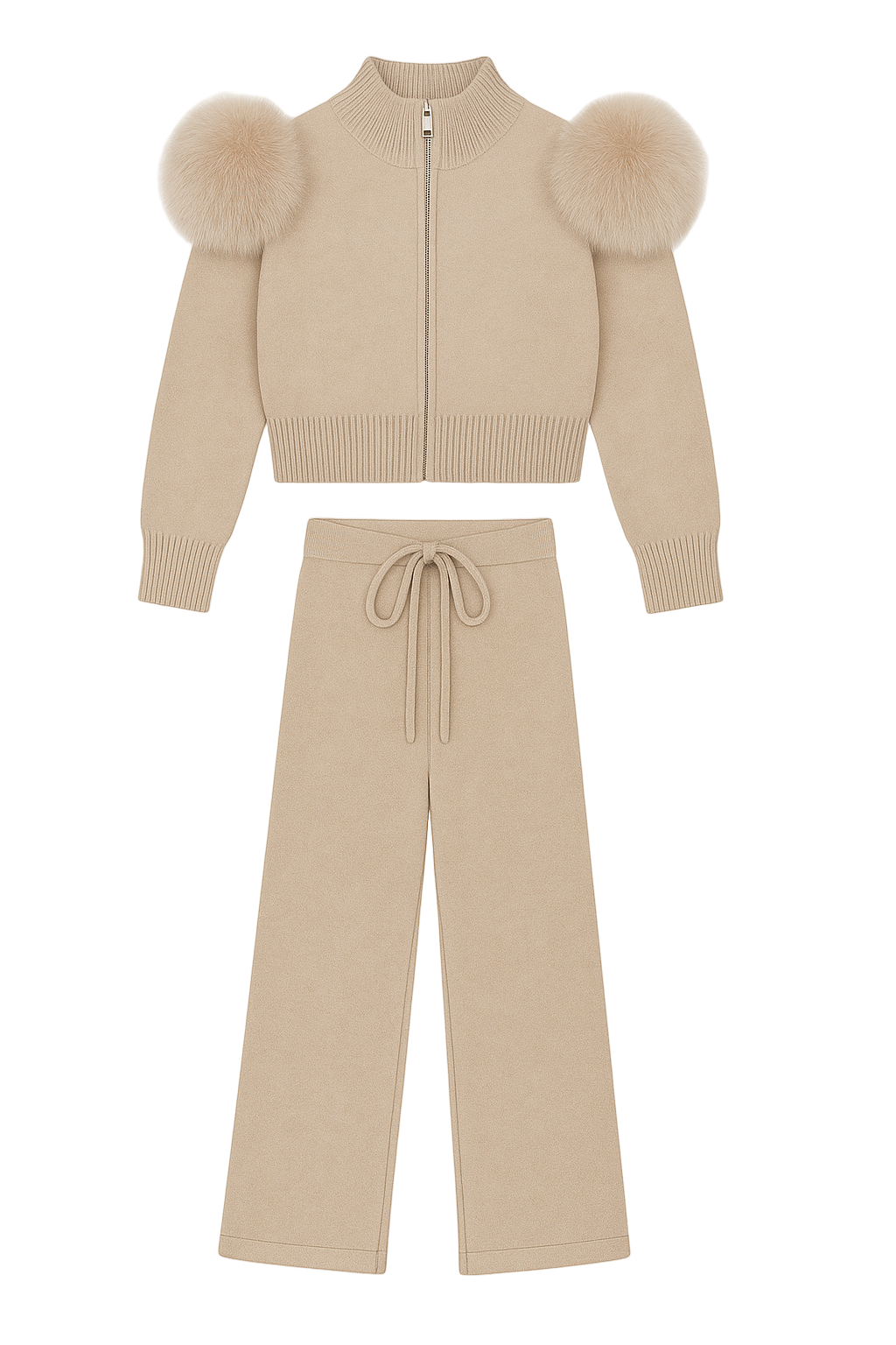 Fur Shoulder Zip Up Knit Set - Stone
