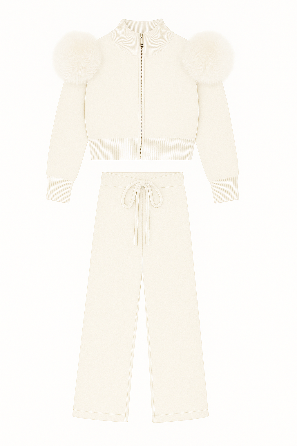 Fur Shoulder Zip Up Knit Set - Ivory