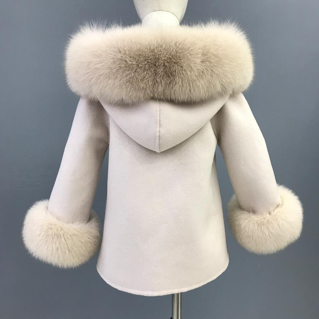 Cashmere Jacket with natural fur trim hood and cuffs - Nude