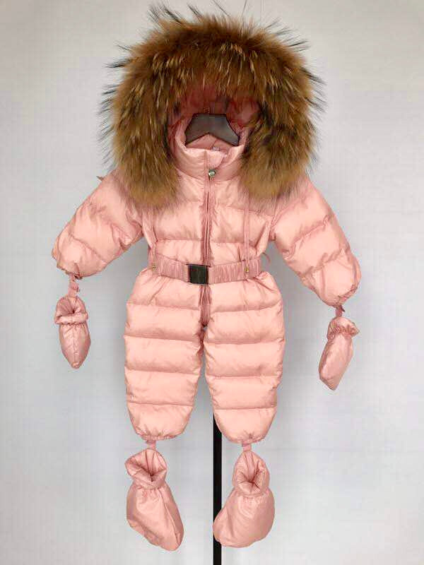 Baby Children padded down snowsuit with fur trim hood Pink