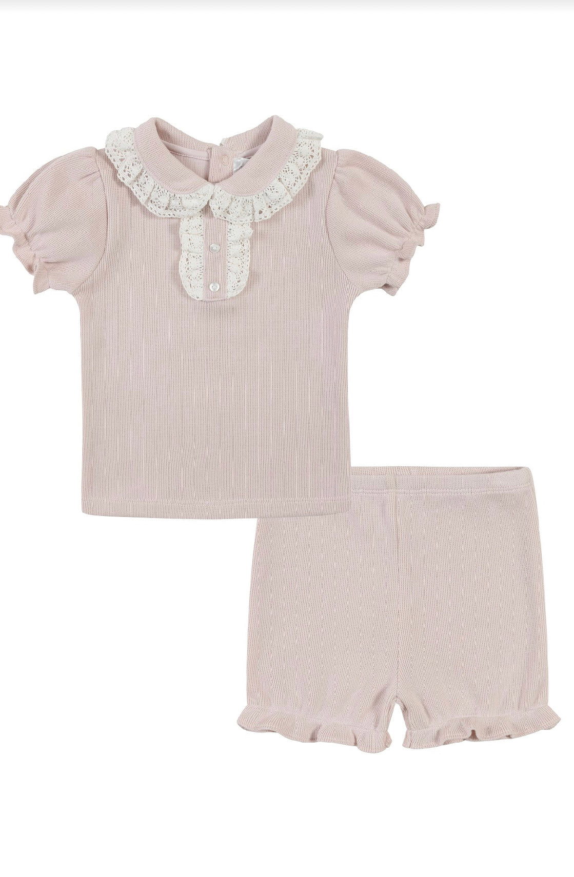 Girls Lace detail top and ruffle shorts set / Nude