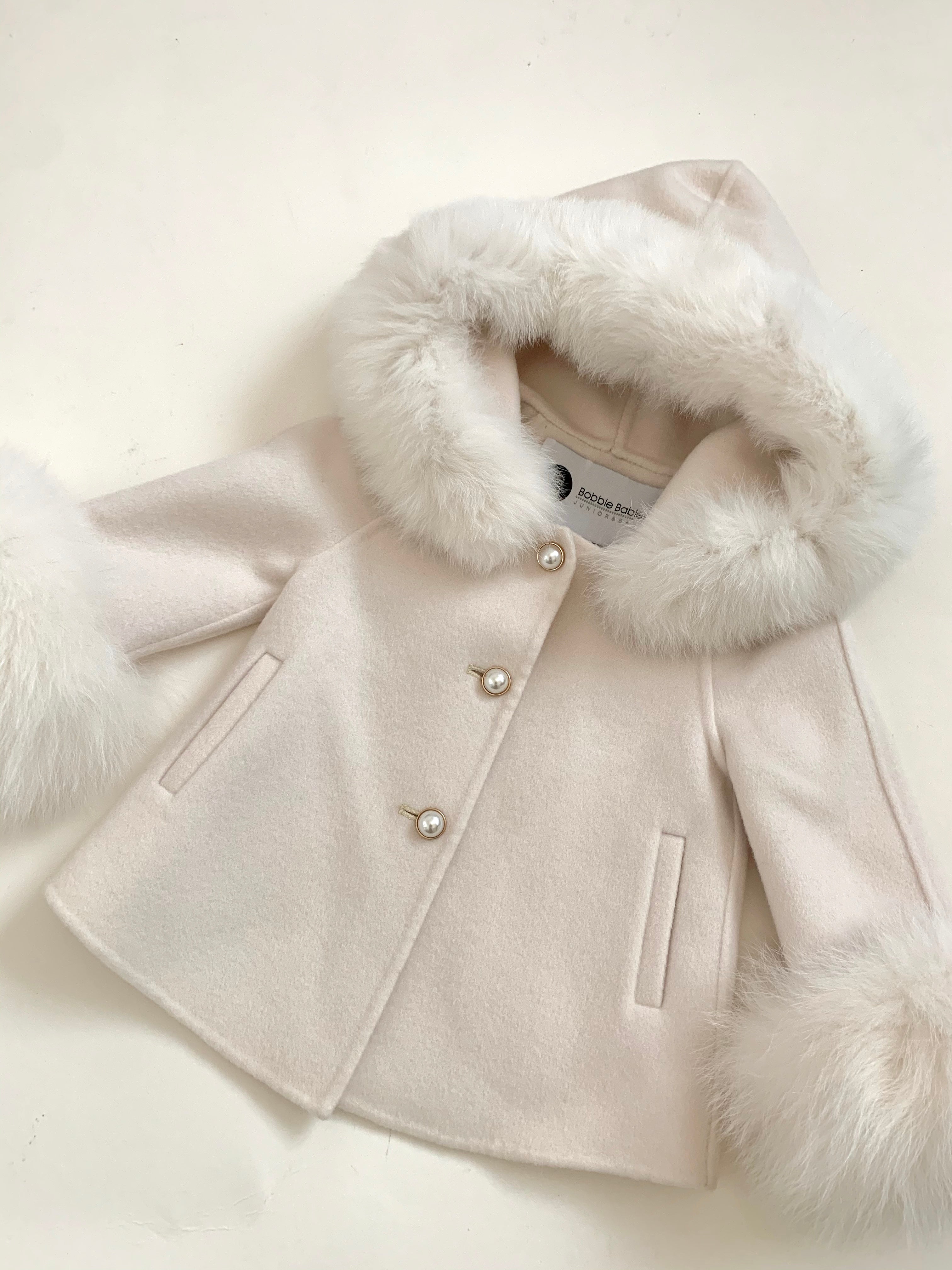 Cashmere Jacket with natural fur trim hood and cuffs - IVORY