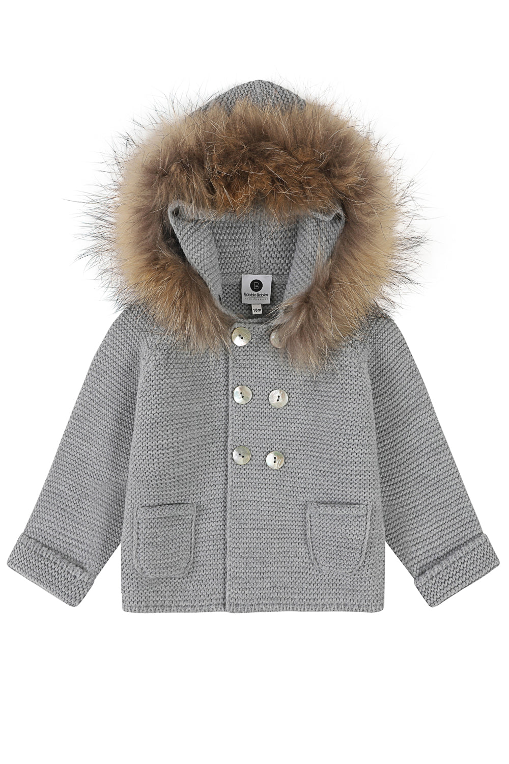 Bobble Babies knitted jacket in Steel Grey  / natural hood trim