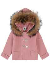 Bobble Babies knitted jacket in peony pink / natural hood trim
