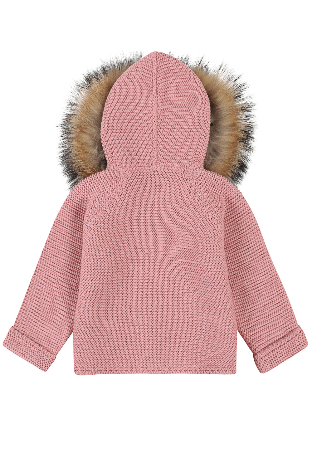 Bobble Babies knitted jacket in peony pink / natural hood trim