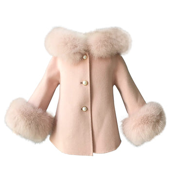 Cashmere Jacket with natural fur trim hood and cuffs - PINK