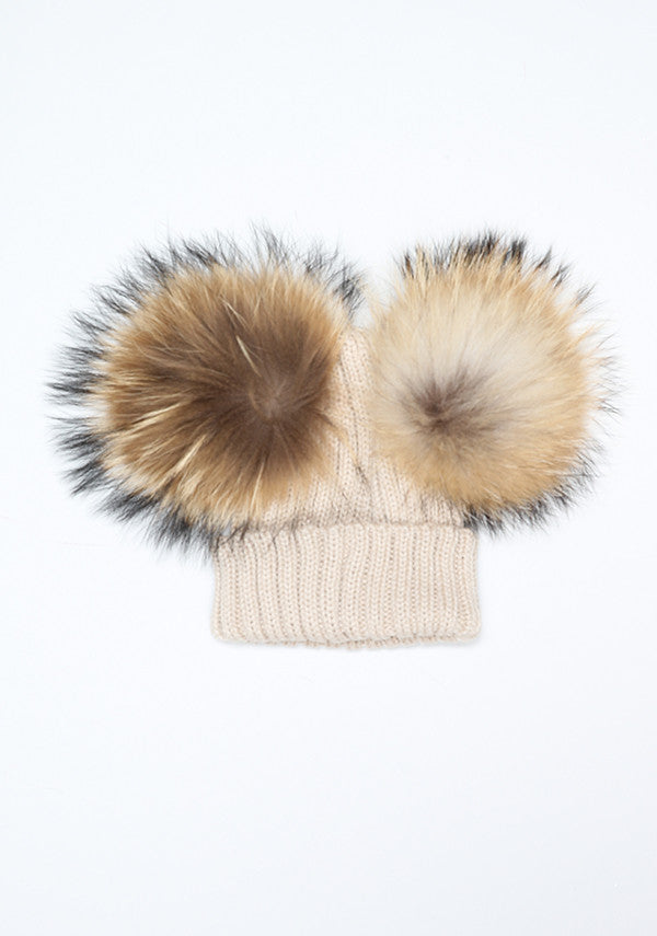 Beige Oat Double PomPom Hat