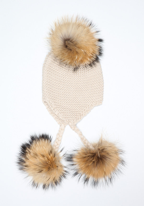 Beige Oat Triple Pom Pom hat