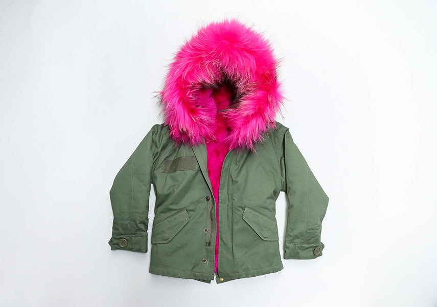 Bobble Babies Khaki Kids Parka coat with Hot Pink Hood and Lining