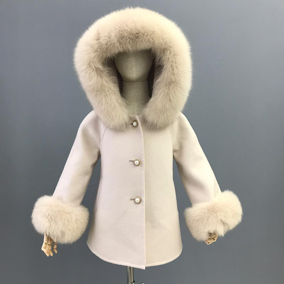 Cashmere Jacket with natural fur trim hood and cuffs - Nude