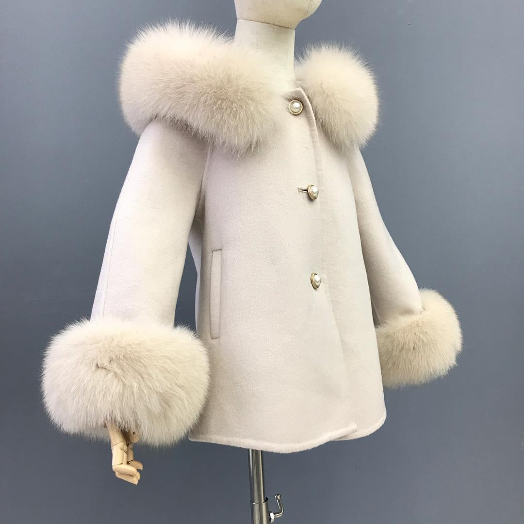 Cashmere Jacket with natural fur trim hood and cuffs - Nude