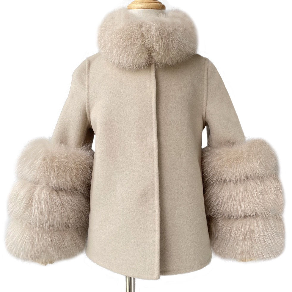 ‘Chelsea’ Cashmere coat with removable shadow fur cuff /Nude